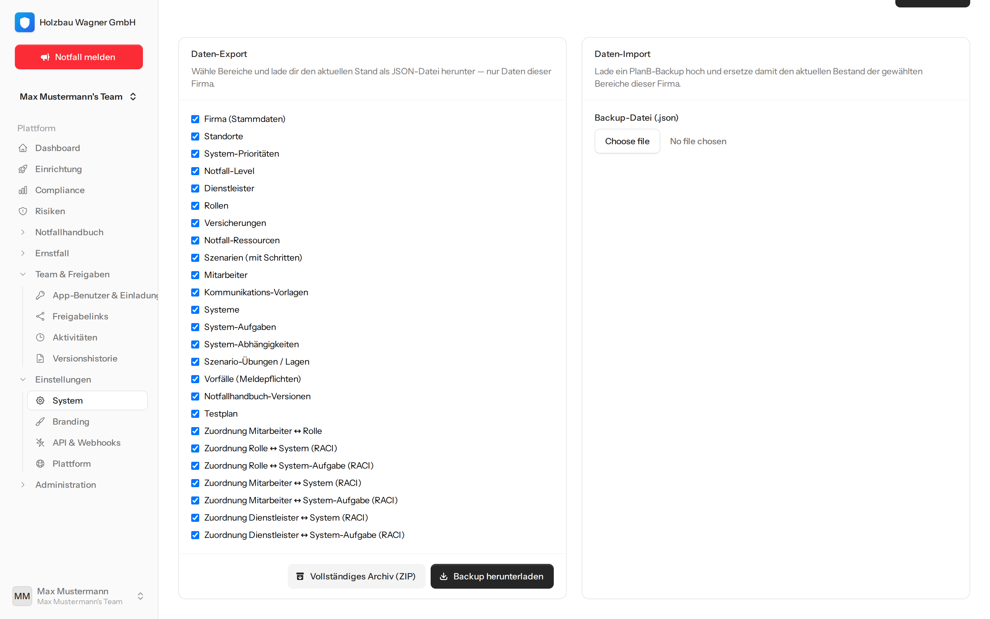 „Vollständiges Archiv (ZIP)"-Knopf in den System-Settings — ein Klick liefert die komplette DSGVO-Auskunft.