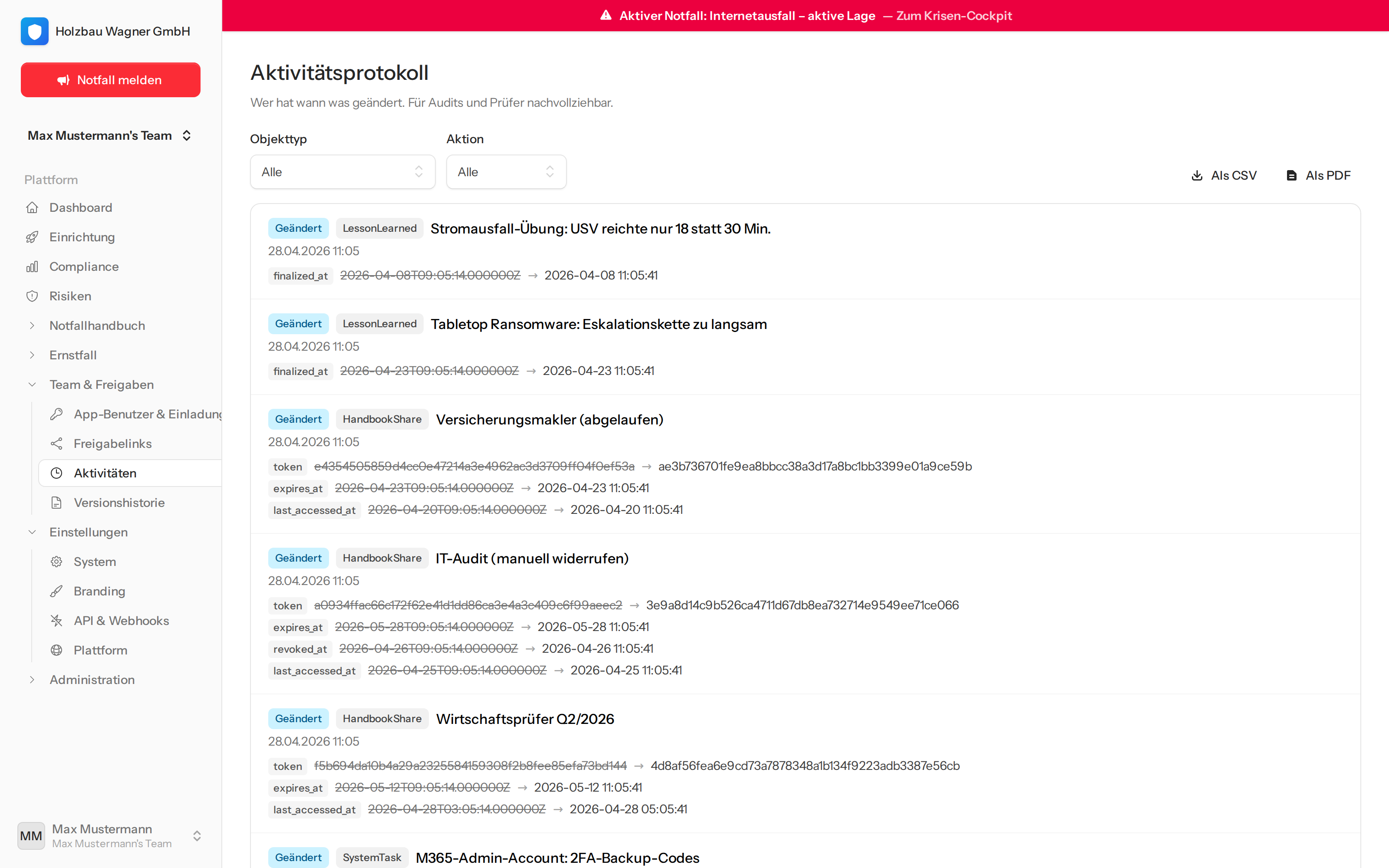Audit-Log mit Datumsfilter und Aktions-Filter — jede sicherheitsrelevante Änderung mit Vorher-/Nachher-Werten.
